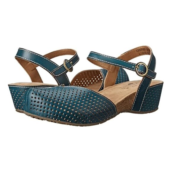 L'ARTISTE BY SPRING STEP Women's Teal Blue Lizzie Perforated Wedge Sandal SZ 5 - Picture 1 of 8